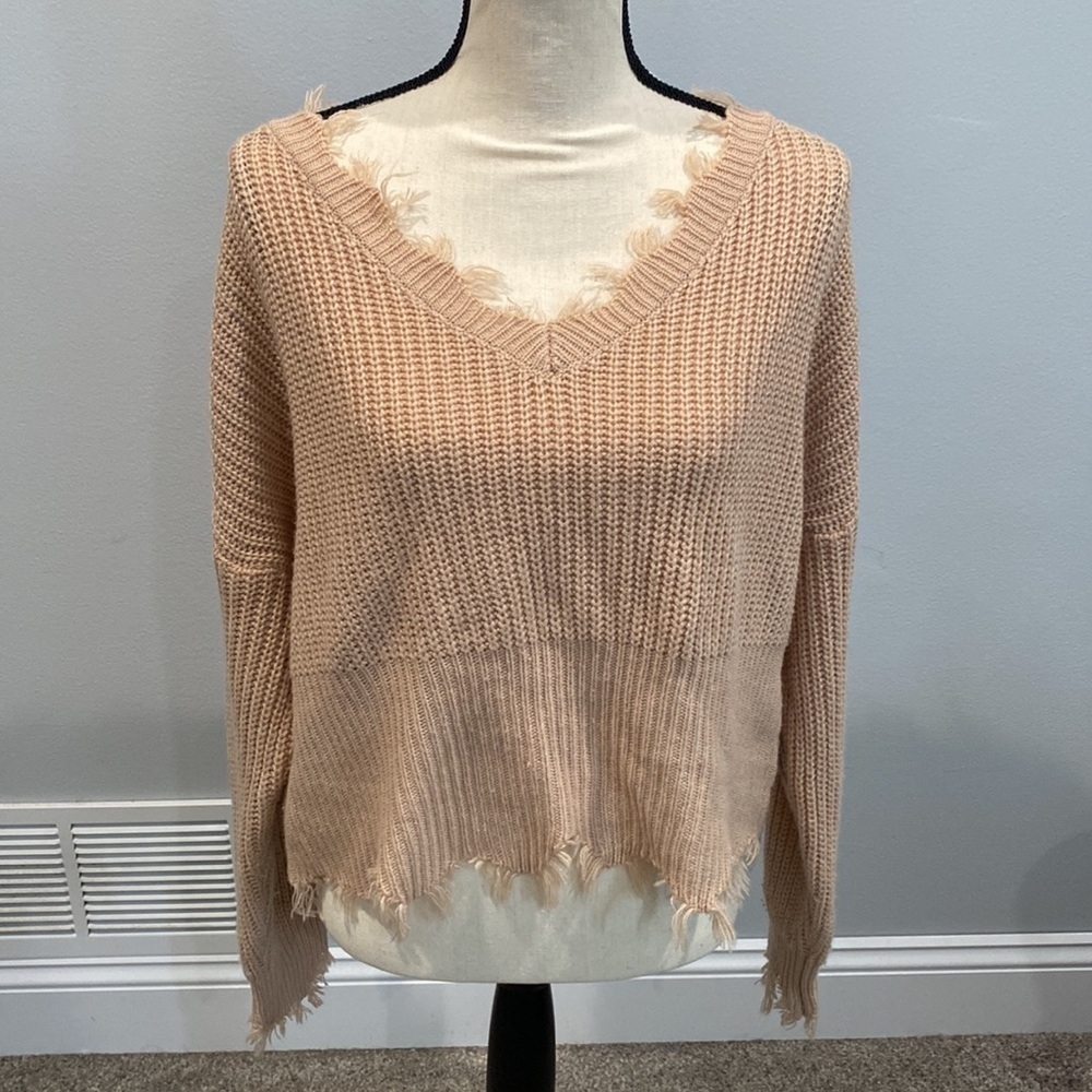 Shein Tan/Cream Colored Oversized Knit Long Sleeve V-Neck Sweater - Size Medium